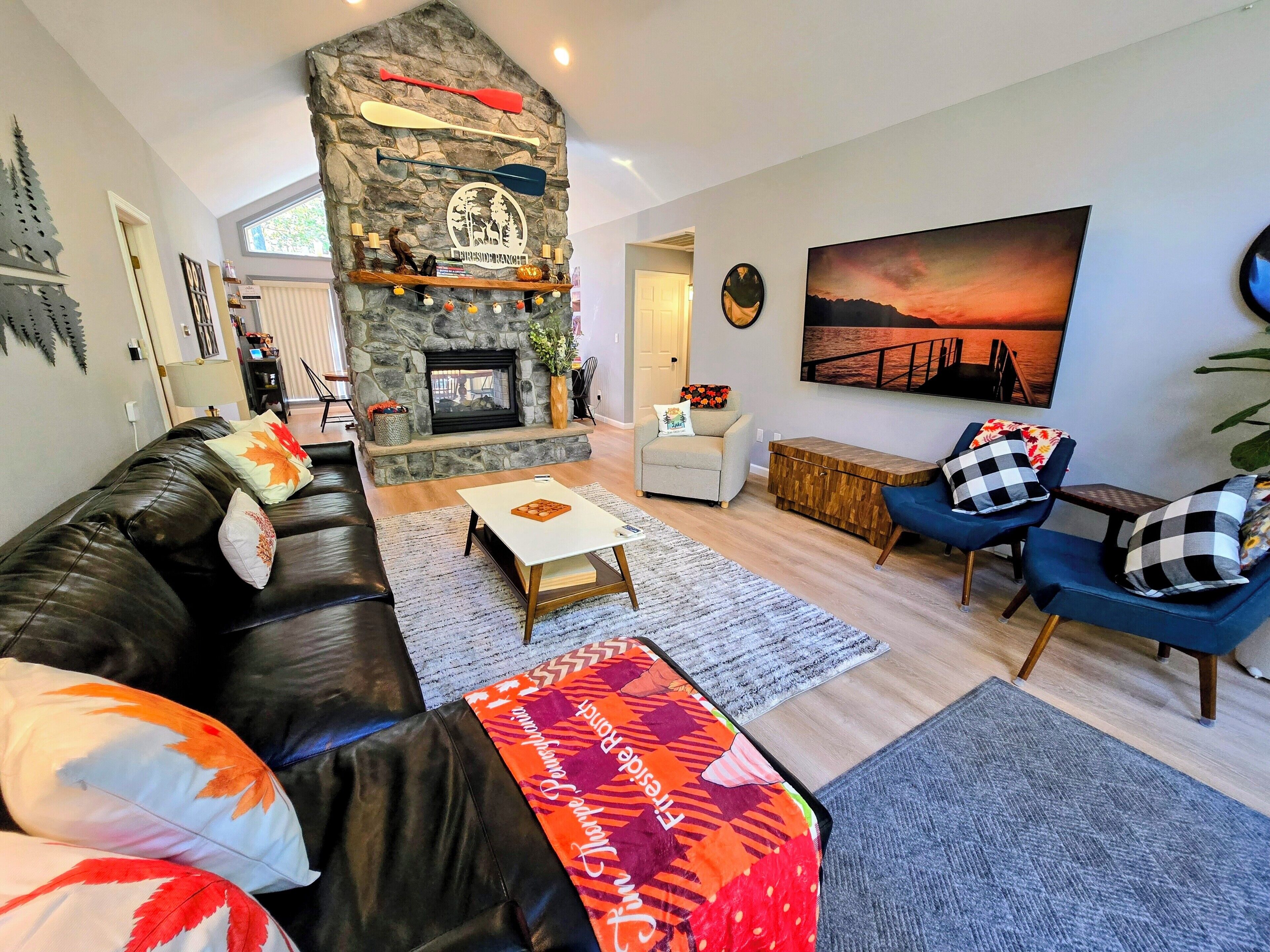 Smart TV, fireplace, video games, DVD player