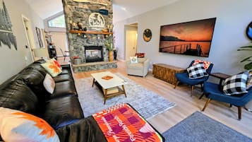 Smart TV, fireplace, video games, DVD player