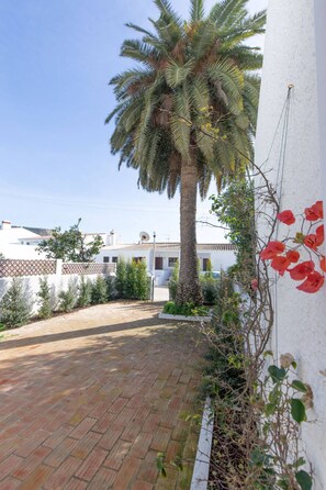 Une cour dallée avec un palmier, un mur blanc orné de fleurs rouges et un bâtiment en arrière-plan.