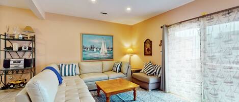 Télévision, cheminée, lecteur de DVD, livres