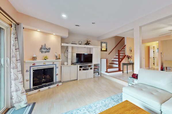 TV, fireplace, DVD player, books