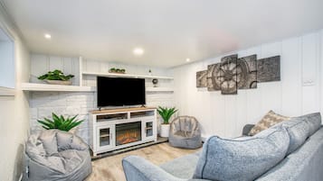 Smart TV, fireplace, books, offices