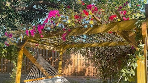 A hammock under a wooden pergola with flowering vines. - House with HEATED POOL and Outdoor Space (Sarasota)