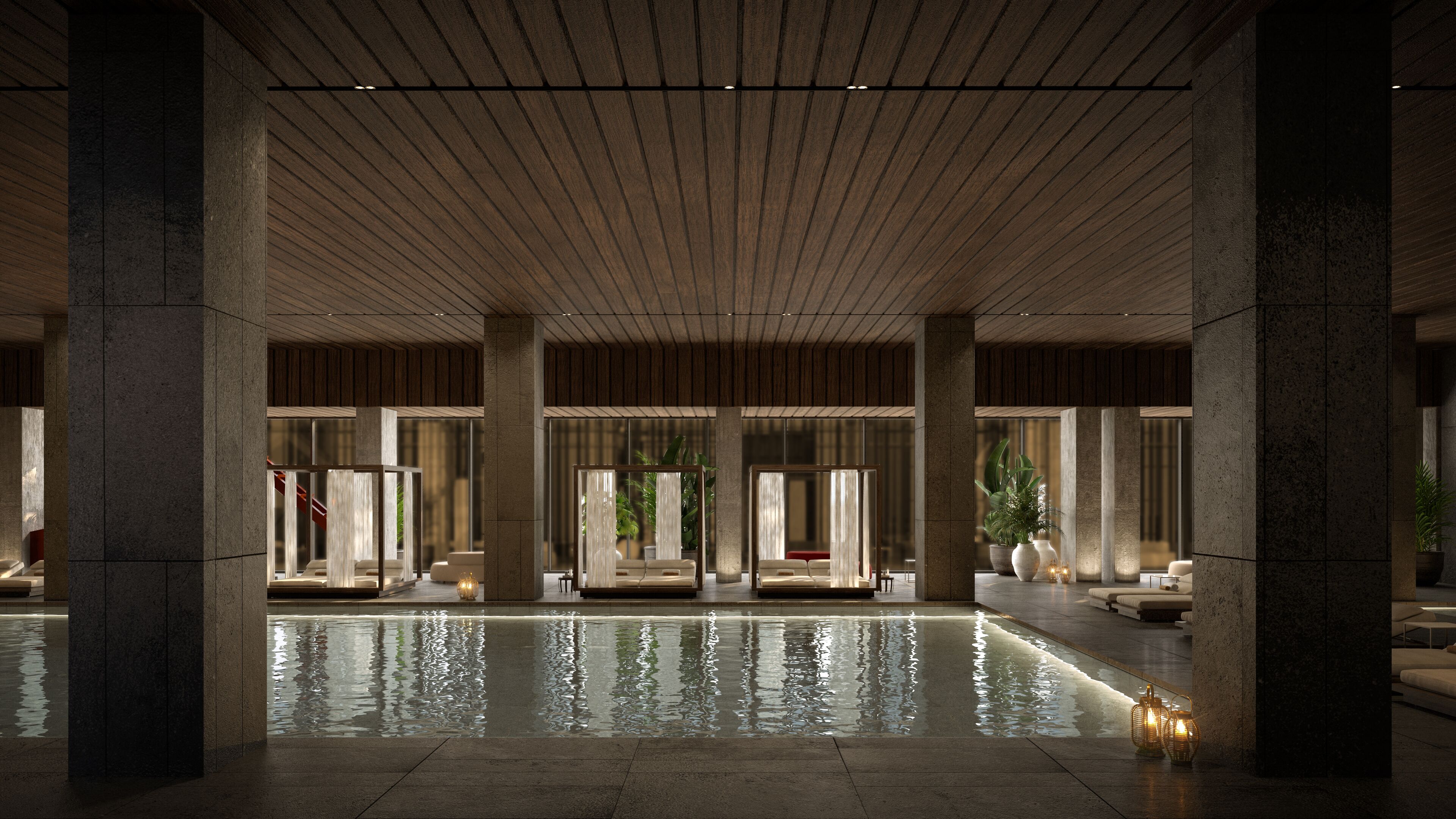 2 albercas techadas, acceso de 06:00 a 23:00, y camastros 