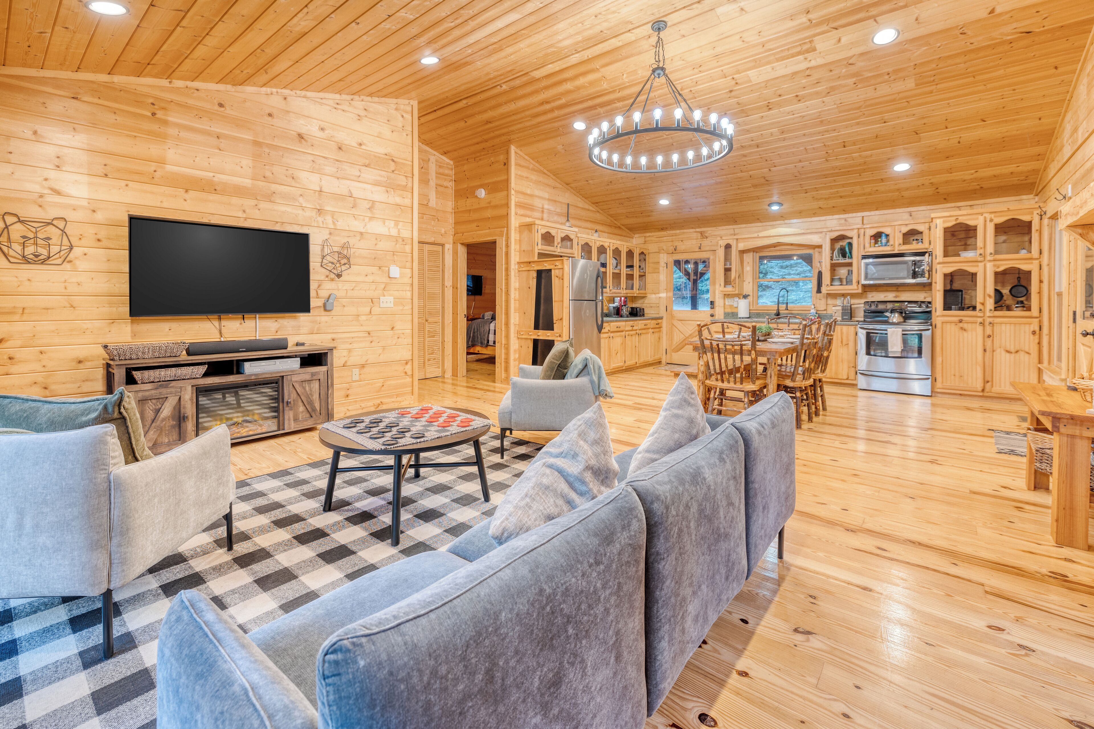 Smart TV, fireplace, video games, DVD player