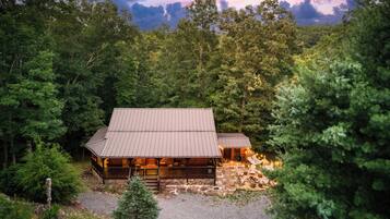 A cabin with a metal roof, surrounded by dense forest, featuring a porch with outdoor seating and a fire pit.