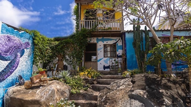 Una casa rústica amb un balcó, envoltada de vegetació exuberante i cactus.