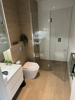 Dusche, Haartrockner, Handtücher, Seife