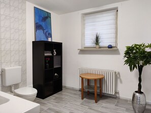 Shower, hair dryer, towels