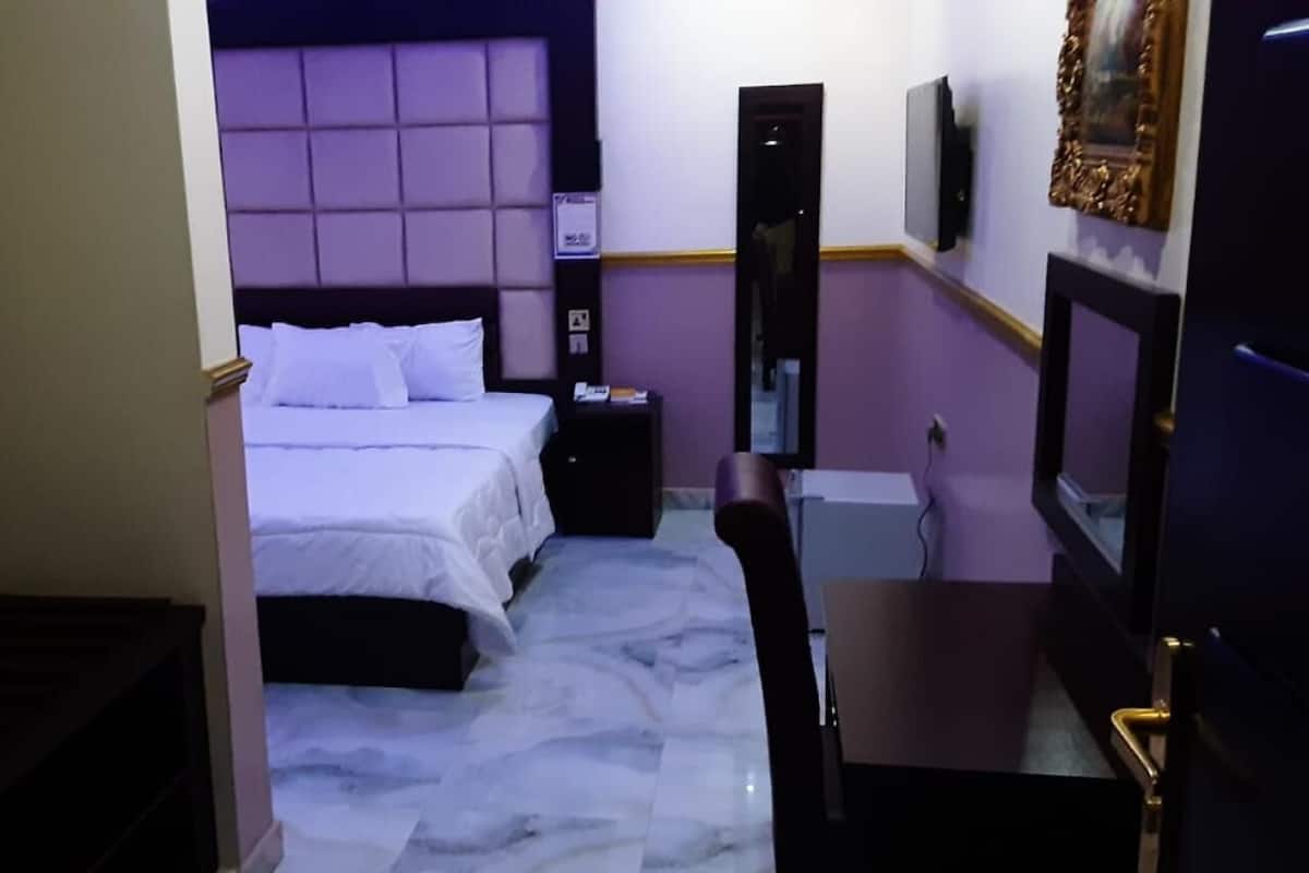 Une chambre d’hôtel équipée d’un lit, d’un bureau, d’une chaise, d’une télévision et d’un miroir.