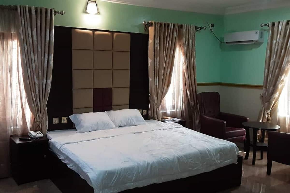 Une chambre d’hôtel avec un grand lit, une chaise, une petite table et un appareil de climatisation.
