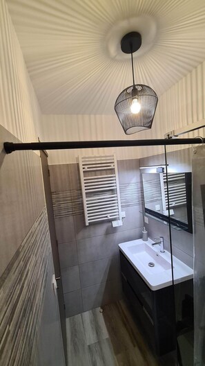 Dusche, Haartrockner, Handtücher, Toilettenpapier