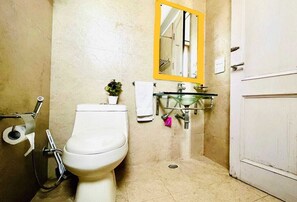 Hair dryer, towels, soap, toilet paper