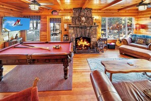 TV, fireplace, foosball