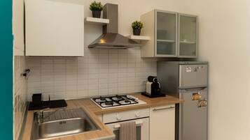 Kühlschrank, Ofen, Herdplatte, Wasserkocher mit Kaffee-/Teezubehör