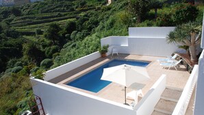 A rooftop pool with two sun loungers and a table, surrounded by a white wall and lush greenery.