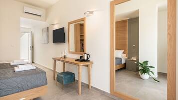 Una habitación de hotel moderna con una cama, un escritorio, un espejo, un televisor y una planta en maceta.
