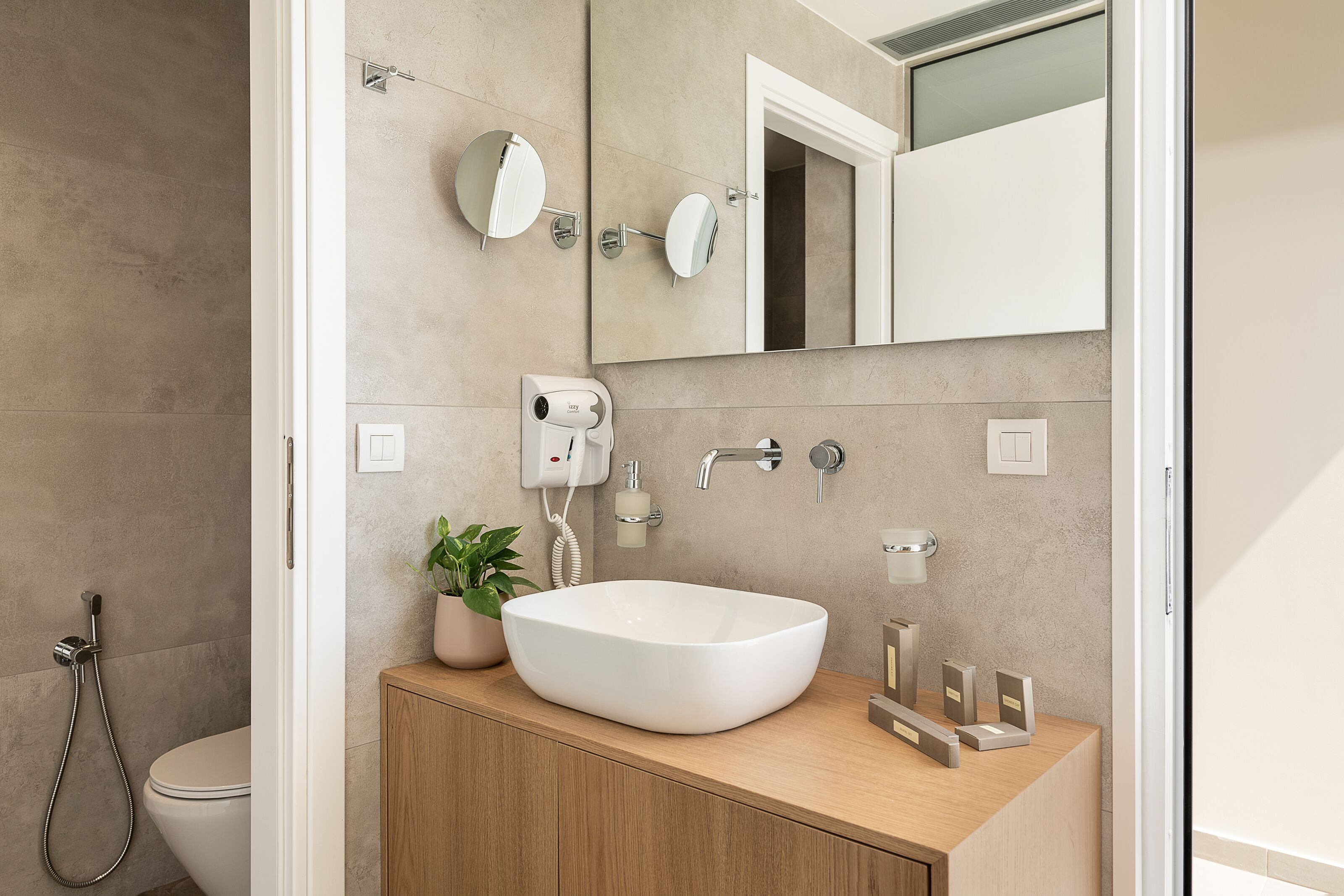 A modern bathroom with a large white sink, a handheld showerhead, a mirror, and a potted plant.