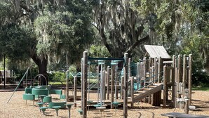 Een speeltuin met houten constructies en groene elementen, omringd door bomen met hangende mos.
