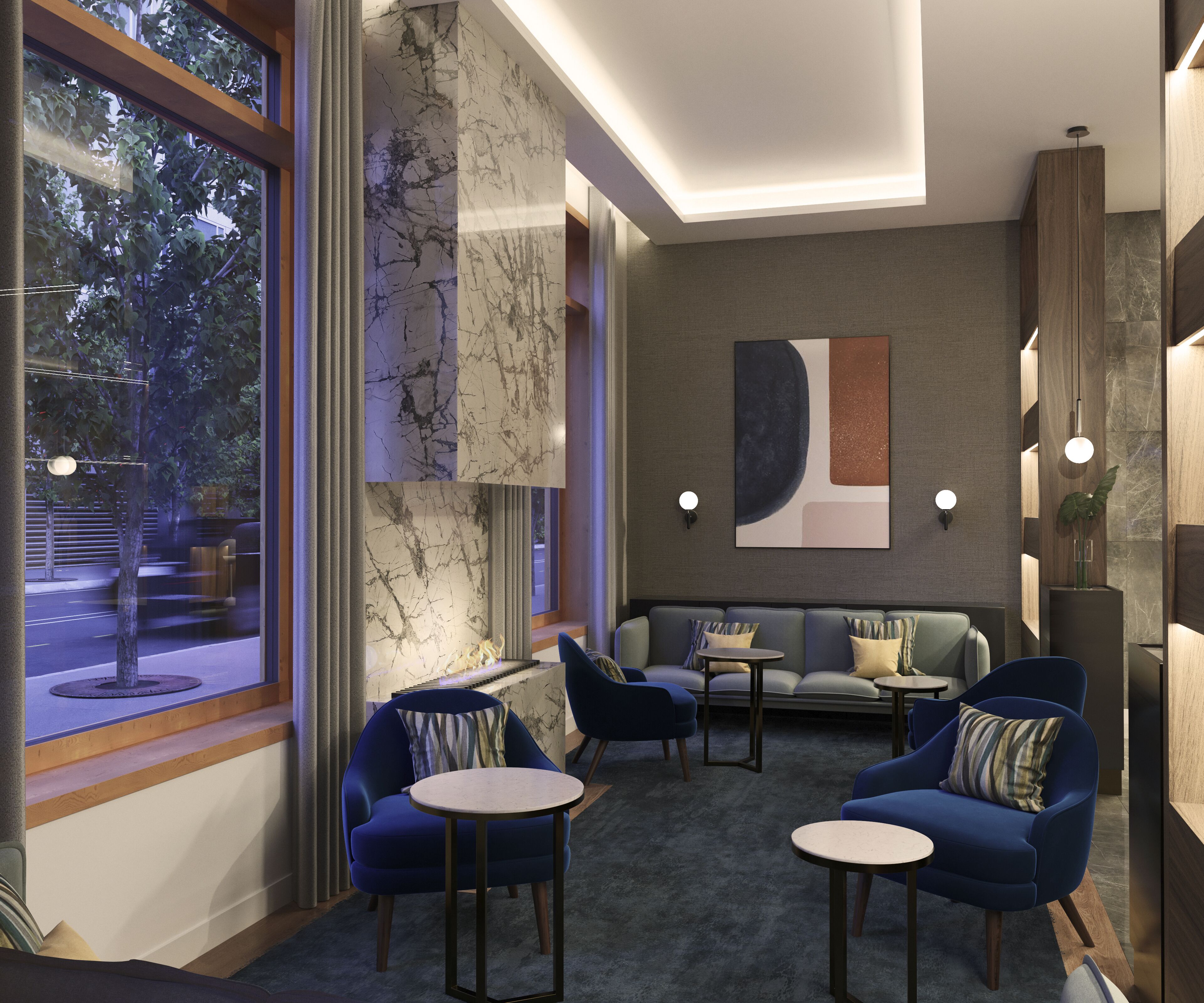 Ein moderner Lounge-Bereich mit Sitzgelegenheiten, einem großen Fenster und einer Marmorwand.