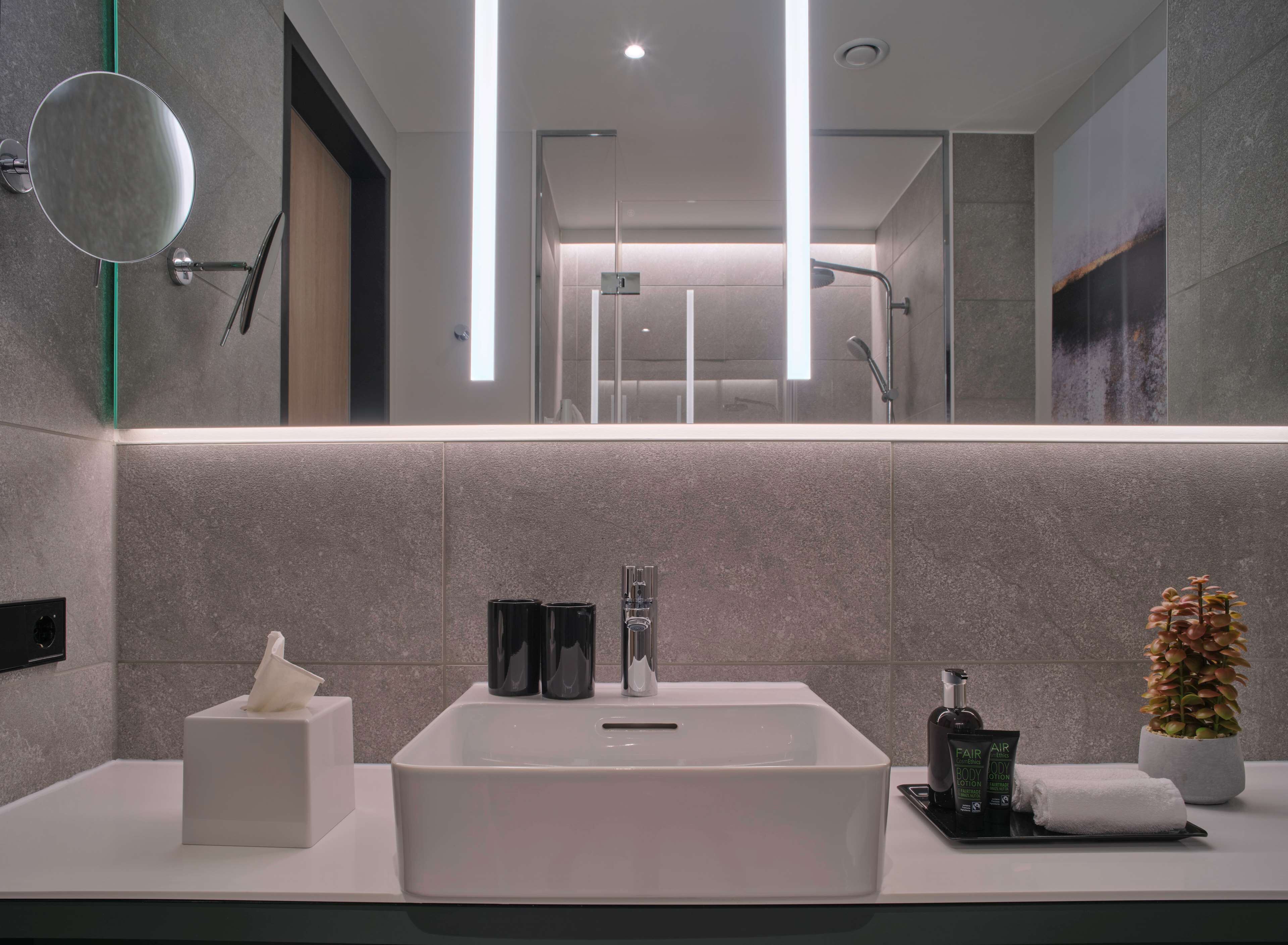 Un baño moderno con un espejo grande, un lavamanos rectangular y una planta en maceta.
