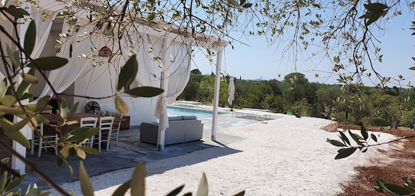 A covered outdoor area with a pool, seating, and a view of the surrounding landscape.