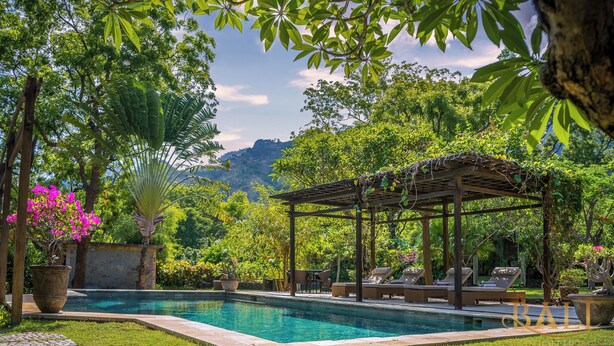 Ein Poolbereich mit Pergola, Liegestühlen und üppiger Bepflanzung.