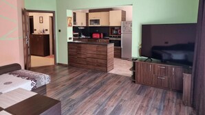 A compact living space with a kitchenette, a bed, and a TV. - Apartment Lozenets, Sofia, Bulgaria (Sofia)