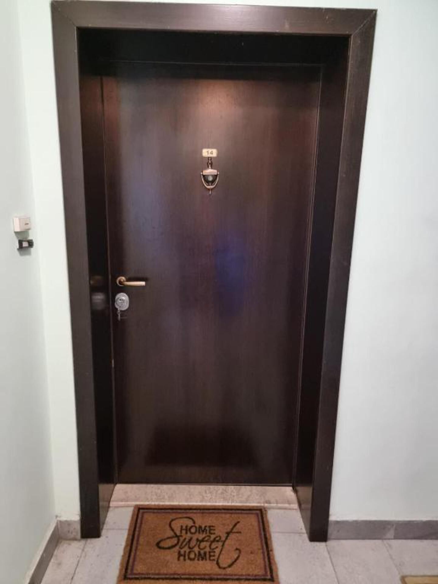 A dark wooden door with a doorbell and a mail slot.