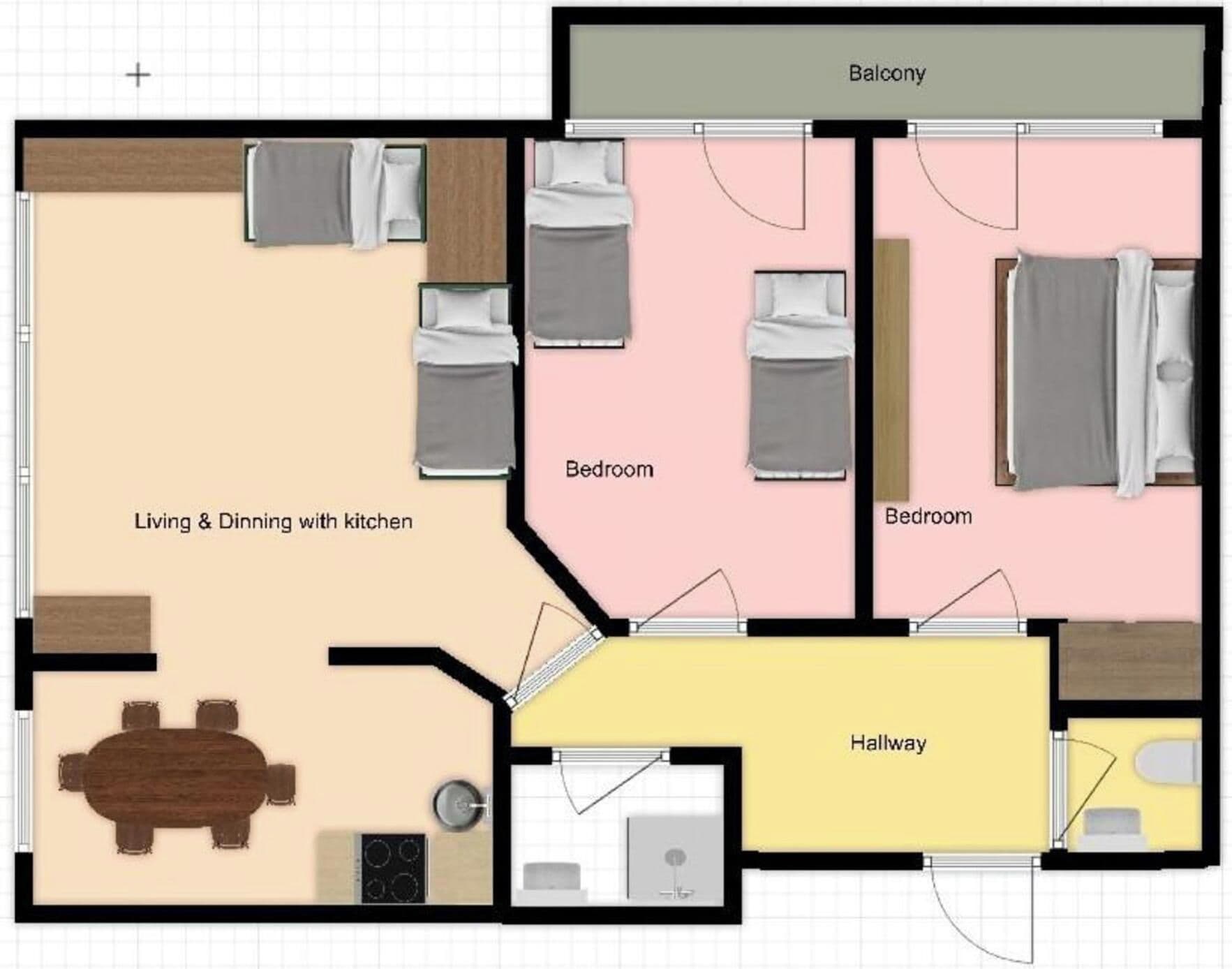 A floor plan with a living & dining area, kitchen, two bedrooms, a balcony, and a hallway.