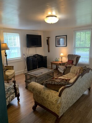 Smart TV, fireplace, DVD player, books