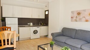 Een knus woongedeelte met kitchenette, een wasmachine, een grijze bank en een klein tafeltje met een plant.