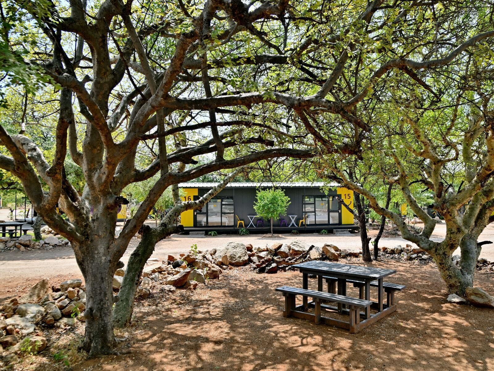 A park with a picnic table, a yellow building with the number 15, and a tree in the foreground.