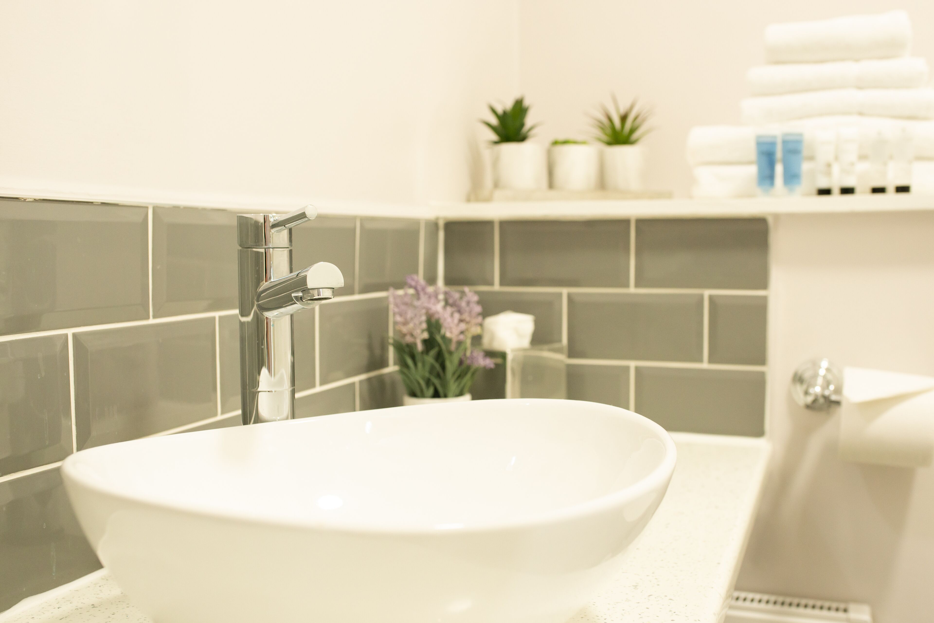 A bathroom with a white sink, chrome faucet, and grey tiled walls. There are small potted plants and toiletries on a shelf.