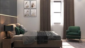 Quarto moderno com cama, mesa de cabeceira, poltrona verde e janela com cortinas.