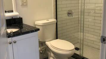 Combined shower/bathtub, hair dryer, towels, soap