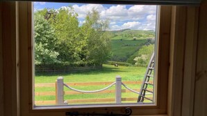 A window with a view of a green landscape, a wooden fence, and a ladder leaning against the fence. - The Shepherds Hut at Hafoty Boeth (Corwen)