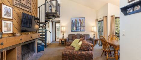 Een open haard, een dvd-speler, boeken en een muziekbibliotheek