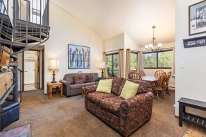 Fireplace, DVD player, books, music library