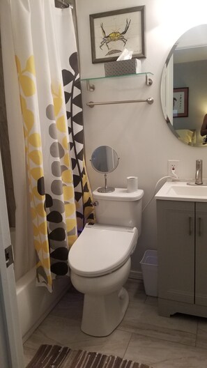Une salle de bain équipée de toilettes, d’un lavabo, d’un miroir et d’un rideau de douche.