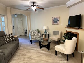 Smart TV, fireplace, books