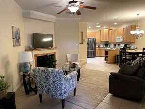 Smart TV, fireplace, books