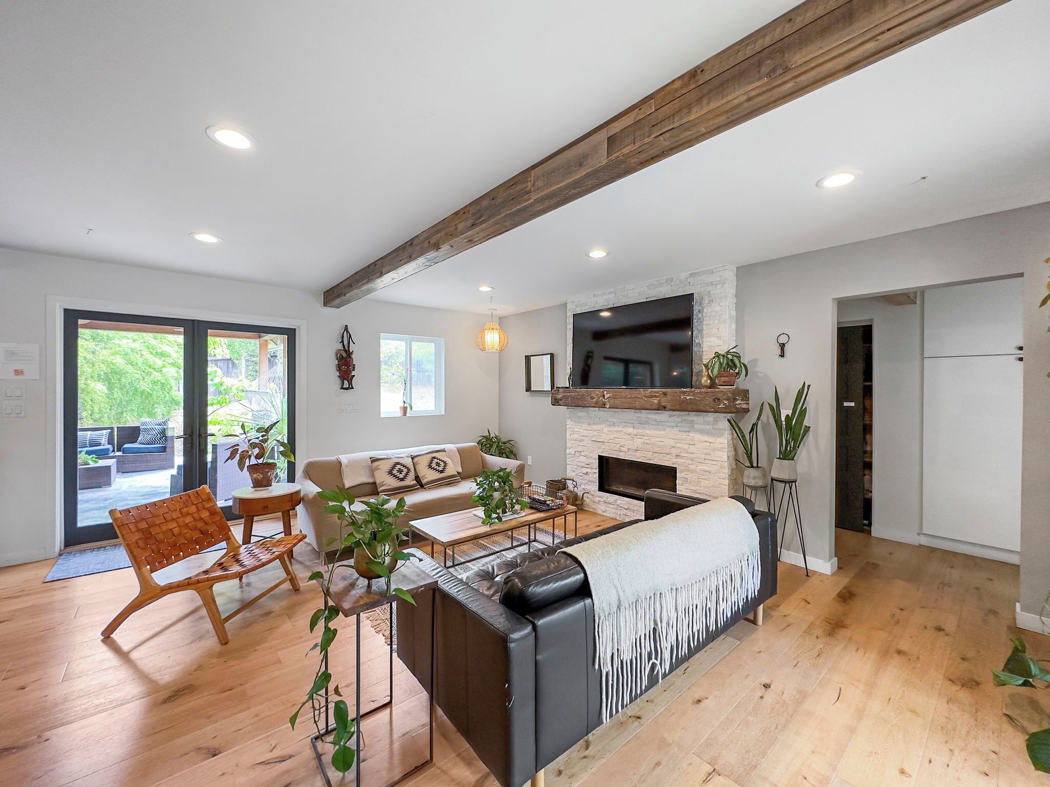 Smart TV, fireplace, books, video library