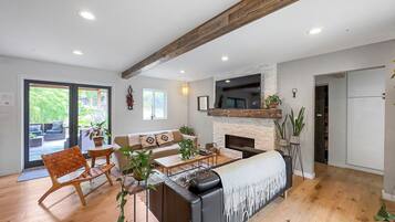 Smart TV, fireplace, books, video library