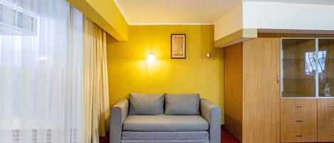 A room with a grey sofa, a wooden wardrobe, a red carpet, and a yellow wall.