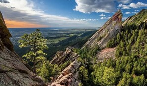 Un paysage montagneux caractérisé par des affleurements rocheux et une forêt dense.