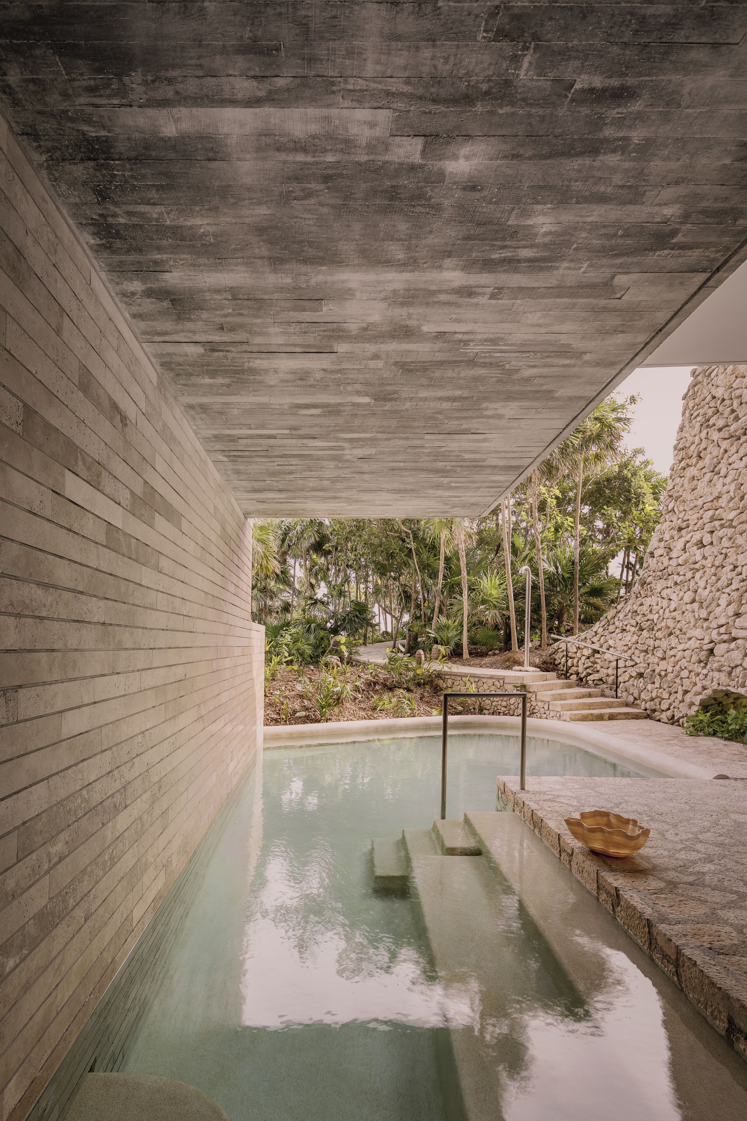 A swimming pool with a concrete wall and steps leading into the water, surrounded by greenery and a stone wall.