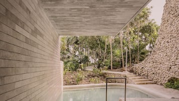 A swimming pool with a concrete wall and steps leading into the water, surrounded by greenery and a stone wall.