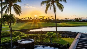 A golf course with a pond, palm trees, and a hot tub.