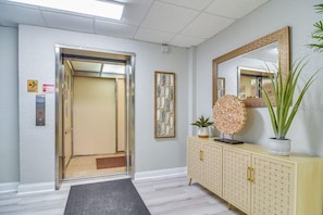 An elevator, a wall-mounted mirror, a decorative wall piece, a potted plant, and a light-colored cabinet.